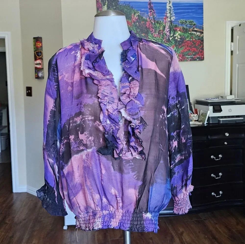 Vibrant Ruffled Blouse in Purple and Black